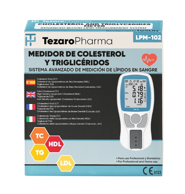 Medidor de Colesterol y Triglicéridos de Tezaro Pharma (Incluye Dispositivo Medidor de Lípidos en Sangre, Dos Tiras de Verificación Óptica y Estuche)